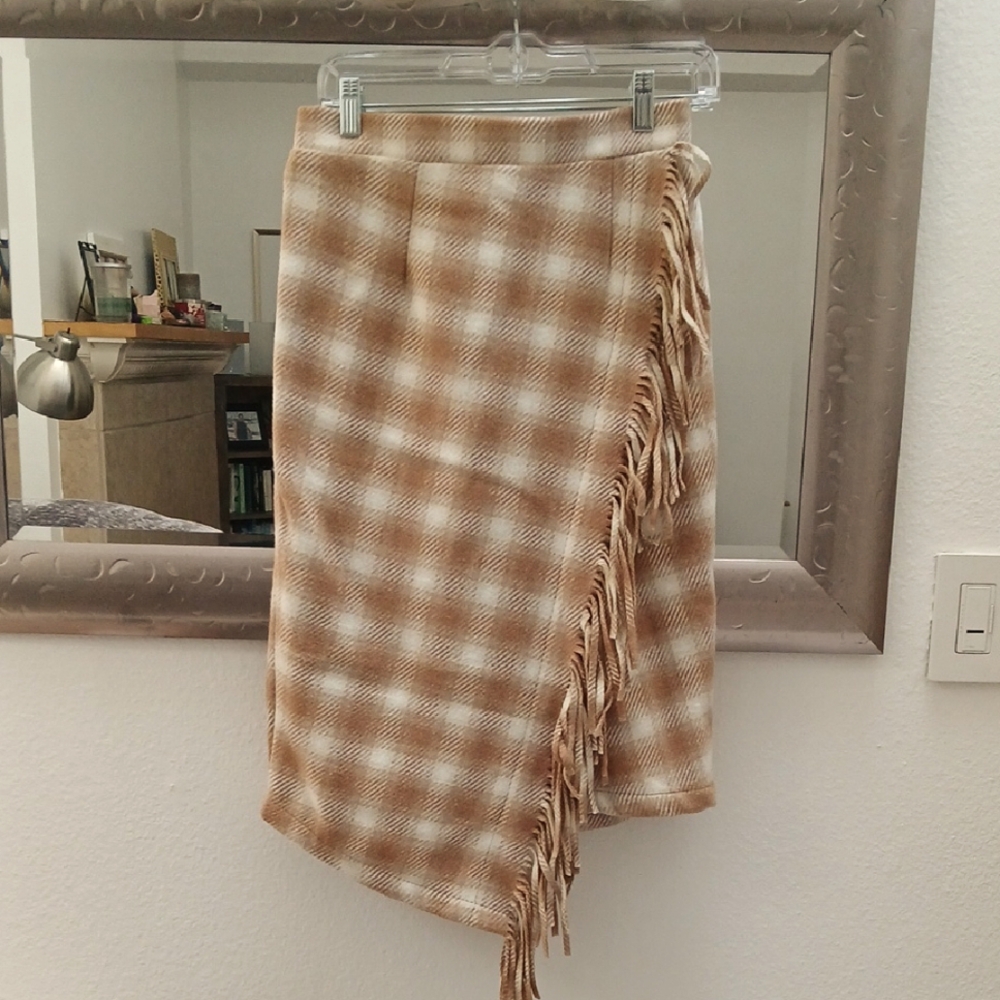 Plaid Tan Faux Wrap Skirt with Fringe NWT
